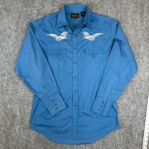 High Noon Mens Blue Western Pearl Snap Shirt Eagle Embroidery Medium Long Sleeve